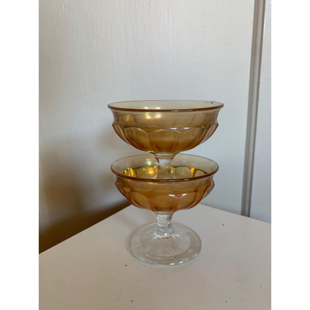 Vintage Marigold Carnival Glass Footed Dessert Bowls Iridescent Amber Set of 2
